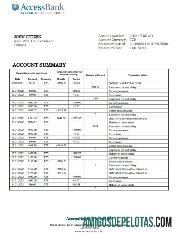 Exemplo de extrato bancário de acesso da Tanzânia